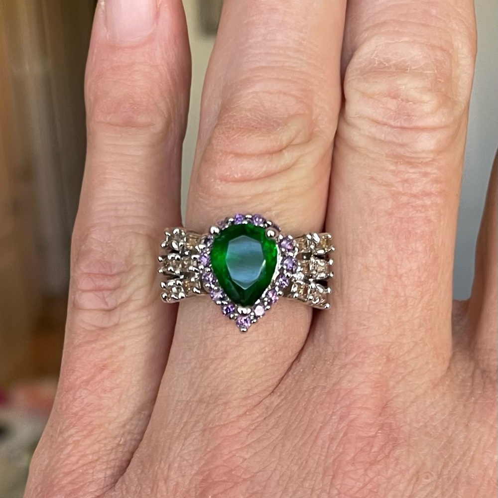 Green Teardrop Halo Ring with Purple Accents